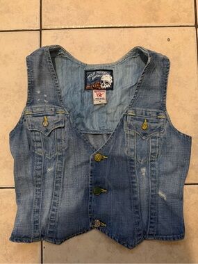True Religion Blue Women’s denim vest with a grunge distress vibe